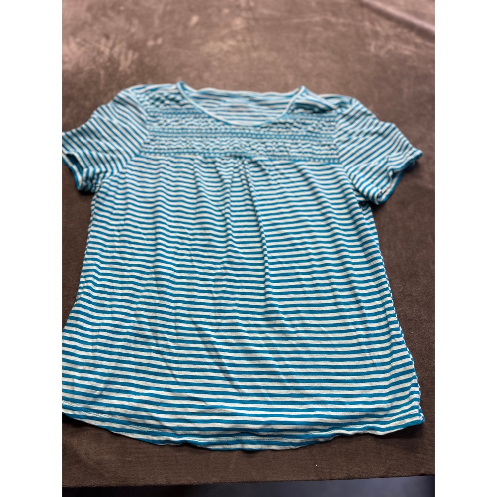 Talbots Womens Large Blue White Striped Smocked‎ Yoke Cotton Modal Knit Top L
